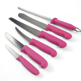 6 Piece Butchery Knife Set, Pink Handle, inc Roll Bag